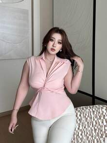 Vibekara Blusa corta ajustada con detalle de nudo, estilo Y2K sexy, tallas grandes, para primavera/verano - Rosa - Ver 6