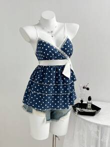 Elamini Camiseta de tirantes ajustada con volantes multicapa, contraste de encaje y lunares, ideal para el verano - Neblina azul - Ver 4