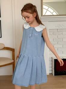 DAZY Tween Girls Denim Jumper Dress With Collar, Fall - Blue - View 3