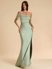 SHEIN BAE Spring & Summer Green Sexy Asymmetrical Shoulder Strapless Sheer Mesh Extra Long Satin Mermaid Dress, Bridesmaid Dress, Satin Dress, Sexy Dress, Party Cocktail Dress, Birthday Mini Dress - Green - View 4