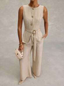 SHEIN Women Two Pieces Outfits Vest And Pant Sets - Beige - View 5