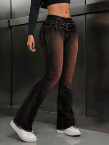 SHEIN ICON Quần jeans ống loe nữ, kiểu dáng thường ngày, chất liệu denim mài, có thắt lưng. - Màu tím - Xem 4