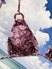 SoleilVie SWIM BOHO Women's Paisley Print Triangle Bikini Set With Tie Side Bottoms - Multicolor - View 9