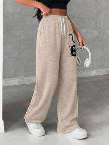 EURMUSE Plus Size Women Loose Casual Drawstring Sweatpants - Beige - View 3