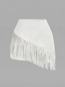 SHEIN MOD 大码女式棕色麂皮流苏两件套，音乐节服装，西部牛仔服饰 - 白色 - 查看 6