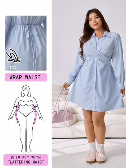 Solflare 2026 Spring & Summer New Casual Everyday Dress, Suitable For Outing, Party, Date, Birthday, Music Festival, Back To School, Commute, Vacation, Valentine's Day, New Year, Multi-Occasion Wear, Can Be Worn Outerwear Or Layering, Blue & White Striped, Twist Front, Cropped Shirt Dress, Plus Size