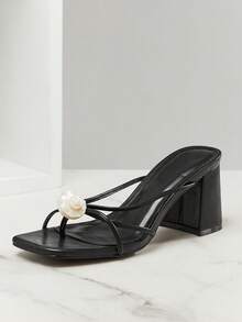 SHUZIA Women's Elegant Minimalist Square Toe Block Heel Slip-On Sandals Summer Shoes - Black - View 5