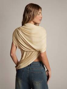 Hauture Women's Sexy Draped Asym Top For Office Layering - Apricot - View 2