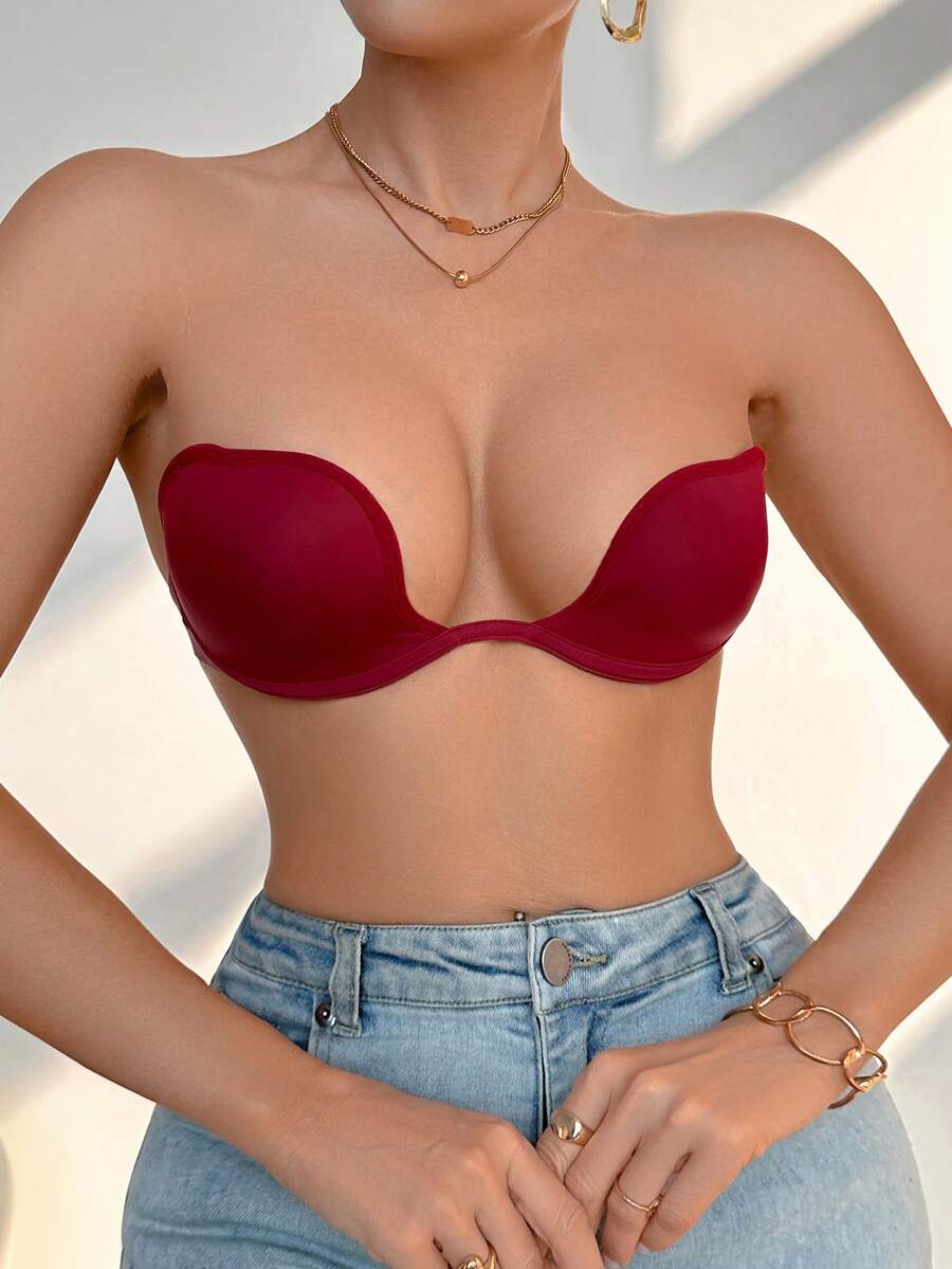 DesireSculpt Women Solid Color Strapless Sexy Bralette - Burgundy - View 1
