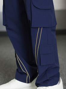 PAVTROS Men's Straight Leg Pants, Street Style With Side Rope Decor And Practical Pockets, Suitable For Ins, Streetwear, Hiphop, Navy Blue Fabric, Suitable For All Seasons And Daily Wear, Great Gift For Boyfriend/Husband, Y2K - Navy Blue - View 7