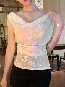 DAZY Damen elegantes einfarbiges Jacquard T-Shirt mit asymmetrischem Kragen, Sommer Ausgeh-Oberteil für Frauen - Weiss - Übersicht 7