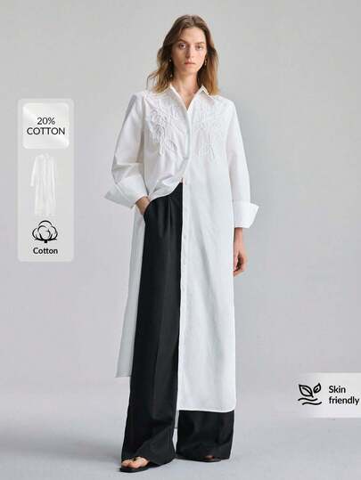 Ontre Women's Ivory Comfortable And Skin-Friendly Imitation Tencel Fabric Shirt, Loose Fit, Dropped Shoulder, Long Sleeve, Puff Sleeve, Front Center Button Closure, Back Yoke Pleats, Shoulder Cord Embroidery Accent, Modern Urban Casual Business Wear, High-Quality Designer Minimalist Comfortable Urban Series Dress Shirt Dress For Women Long Shirt Long Shirts Women Long Blouses