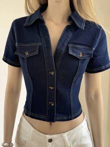 Livesso Cotton Blue Collar Short Sleeve Solid Color Denim Blouse, Suitable For Commuting & Office, Spring/Summer - Blue - View 4