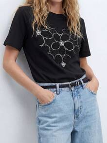Maija Women's Casual Rhinestone Flower Graphic Round Neck Short Sleeve T-Shirt, Summer - Black - View 4