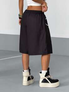 StreetHx Women's Fashionable English Letter Print Loose Shorts - Black - View 2