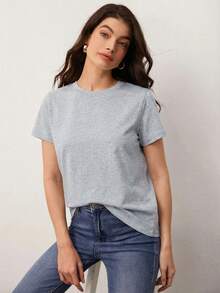 SHEIN BASICS Áo thun thể thao tay ngắn cổ tròn màu trơn mùa hè - Xám - Xem 5