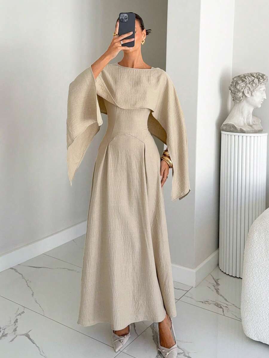 Siren Gaze New Solid Color Round Neck Elegant Poncho Dress For Women Modest Dress Classy Dress Long Sleeve Elegant Dress - Apricot - View 1
