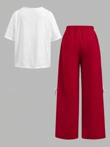 SHEIN Tween Girls' Casual Butterfly Graphic Round Neck Short Sleeve T-Shirt And Pants Set - Multicolor - View 2