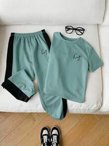 男童夏季休闲短袖T恤和撞色长裤套装 - 薄荷綠 - 查看 6