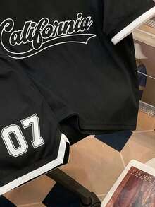 SHEIN 青少年男孩黑色夏季街頭風海灘返校季加州風 2 件式運動上衣與短褲套裝，寬鬆圖案 T 恤籃球運動球衣 - 黑色 - 查看 3