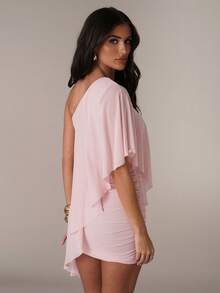 SHEIN BAE Spring & Summer Women Casual Vacation Solid Color Pink Asymmetric-Shoulder Asymmetric Ruffle Shawl Matching Mini Bodycon Dress, Elegant Sexy Vacation Dress, Sisters Casual Outdoor Dress, Beach, Vacation, Pink Dress, Wedding Pink Dress, Elegant Sexy Pink Dress ,Summer Dress,Spring Dresses For Women - Baby Pink - View 2