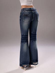 TRNVIE 女士口袋纽扣休闲百搭日常喇叭牛仔裤 - 藍色 - 查看 2