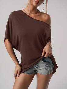 SHEIN ICON 美式休闲街头风宽松不对称肩部T恤，纯黑色 - 咖啡棕 - 查看 6