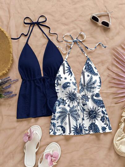 Soleia 2 piezas Conjunto de camisolas con parte delantera anudada con estampado de girasol y árbol de coco, estilo casual sin espalda, adecuado para verano, playa, elegante, viaje, combinable con outfits de hermanas