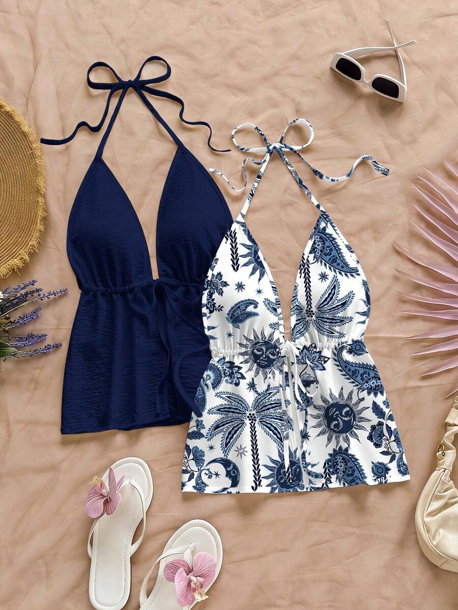 Soleia 2pcs Women Casual Backless Halter Sunflower & Coconut Tree Print Tie Front Camisole Set, Suitable For Summer, Beach, Chic, Travel, Matching Sister Outfits - Multicolor - View 1
