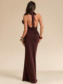 SHEIN BAE 棕色深V领系带鱼尾修身连衣裙，优雅长裙，适合派对、度假、宴会、婚礼、夜间外出、浪漫约会等场合。 - 棕色 - 查看 2