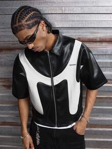 AXEPEAK Áo sơ mi nam da PU phối màu tương phản, khóa kéo phía trước, kiểu dáng thường ngày. - Đen và trắng - Xem 6