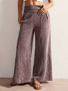 Bohemela Women's Casual Solid Color Knit Loose Wide-Leg Washed Pants - Rust Brown - View 6