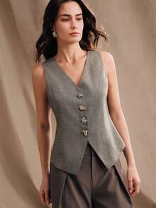 Anewsta Women's Elegant Date/Commute Sleeveless V-Neck Grey Vest With Metallic Decorative Button - Grey - View 3