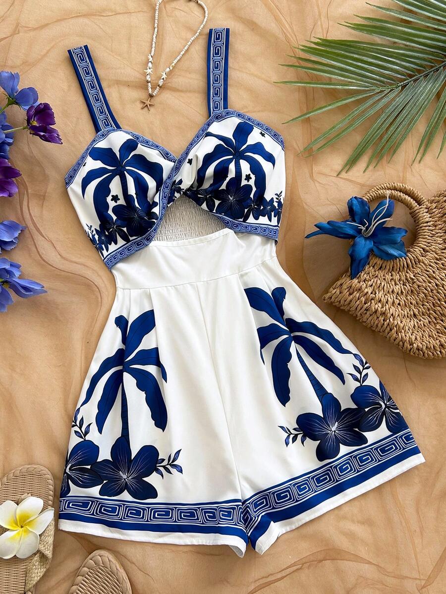 SHEIN WYWH Bộ áo liền quần nữ kiểu dáng thường ngày, họa tiết nhiệt đới, xoắn và khoét lỗ, thích hợp cho kỳ nghỉ. - Xanh và trắng - Xem 1