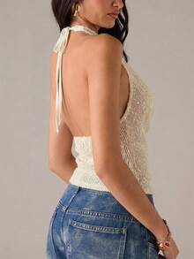 SHEIN BAE Women's Summer Sexy Bohemian Beach Vacation Tie-Dye Halter Backless Top , Summer ,Party ,Beach,Cute Top,Club Sexy,Sheer Mesh Top - Apricot - View 2