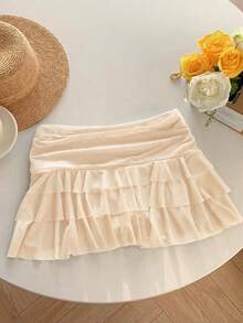 SHEIN EZwear 女士时尚不对称下摆荷叶边腰部米色伞裙 - 米色 - 查看 2