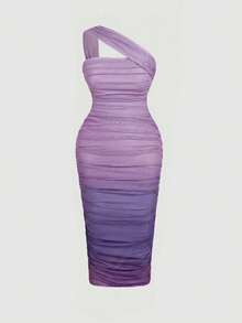 SHEIN MOD 大码女童粉色扎染褶皱紧身连衣裙，优雅不对称肩部设计，适合派对/活动穿着 - 紫色 - 查看 6