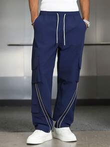 PAVTROS Men's Straight Leg Pants, Street Style With Side Rope Decor And Practical Pockets, Suitable For Ins, Streetwear, Hiphop, Navy Blue Fabric, Suitable For All Seasons And Daily Wear, Great Gift For Boyfriend/Husband, Y2K - Navy Blue - View 6