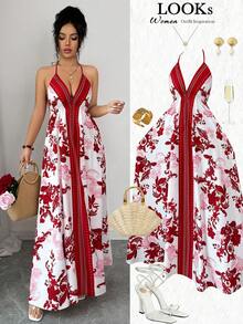 SHEIN Women's Print Spaghetti Strap Tie Waist A-Line Dress, Charming Sexy Elegant Daily Commute Vacation Fashion Date French Street Retro Versatile Spring Summer Red White New Long Sleeveless Spaghetti Strap Slip Dress - Multicolor - View 9