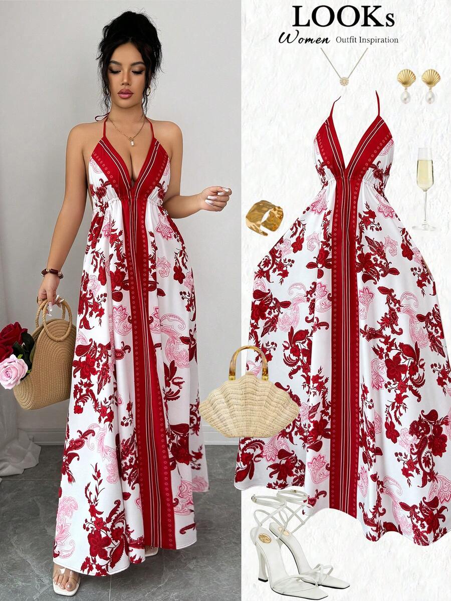 SHEIN 女士印花吊带系腰A字连衣裙，魅力性感优雅日常通勤度假时尚约会法式街头复古百搭春夏红白新款长款无袖吊带连衣裙 - 彩色 - 查看 1