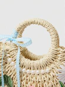 ROMWE Fashion Decal Hollow Portable Pearl Straw Bag DIY Clip Hair Flower Hairpin - Beige - View 4