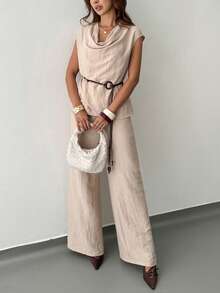RiviMae Fashionable Elegant Casual Loose Scoop Neck Short Sleeve Top With Belt And Wide Leg Pants Women's Spring/Summer Khaki 2 Pieces Set - Khaki - View 4