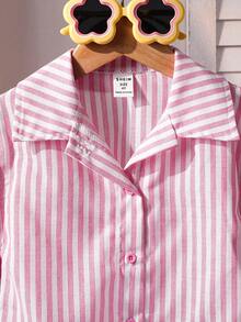 SHEIN Young Girl Woven Striped Casual Shirt - Multicolor - View 3