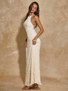 SHEIN BAE Women's Apricot Sheer Long Dress, Beach Cover-Up Suitable For Party, Cocktail, Formal Occasion, Romantic Date, Bridesmaid, Night Out, Holiday Dress, Beach Vacation, Sisters Gathering Resort Dresses For Women Open Back Dresses For Women,Summer Dresses For Women - Apricot - View 5