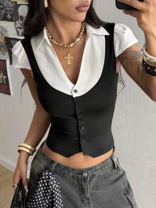 StreetHx Streetwear Women's 2 In 1 Short Sleeve Shirt, Summer - Black - View 1