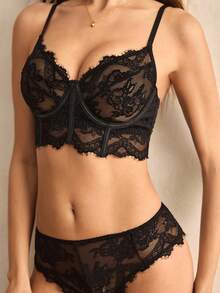 Charlaine Conjunto de lencería con encaje, parches florales y pestañas, con aros y doble gancho en la espalda, elegante estilo francés, ropa interior sexy para mujer, talla pequeña - Negro - Ver 7