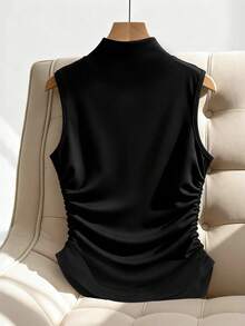 Franclia Tall 女士时尚高挑无袖背心，金属装饰，不对称下摆，褶皱腰身，夏季 - 黑色 - 查看 2