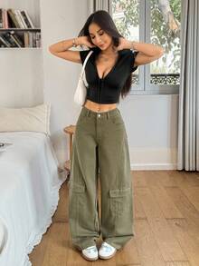 Rivivi 女士工装口袋阔腿宽松休闲百搭牛仔裤 - 軍綠色 - 查看 6