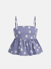 SHEIN Firerie Kids Tween Girls Blue Plaid Daisy Print Camisole + Pants 2 Pieces Set, Casual, Fashionable, Versatile, Suitable For Party, Outing, Sister Photo Shoot, Park, Camping, Vacation, Daily Leisure - Blue - View 7