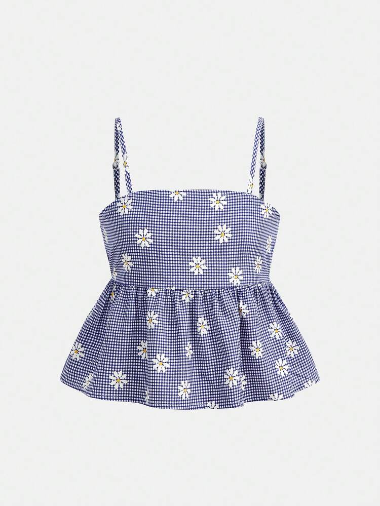 SHEIN Firerie Kids ティーンガールズ ブルーチェック デイジー柄キャミソール + パンツ 2点セット、カジュアル、ファッショナブル、多用途、パーティー、お出かけ、姉妹撮影、公園、キャンプ、バケーション、日常のレジャーに適しています - ブルー - 見る 7